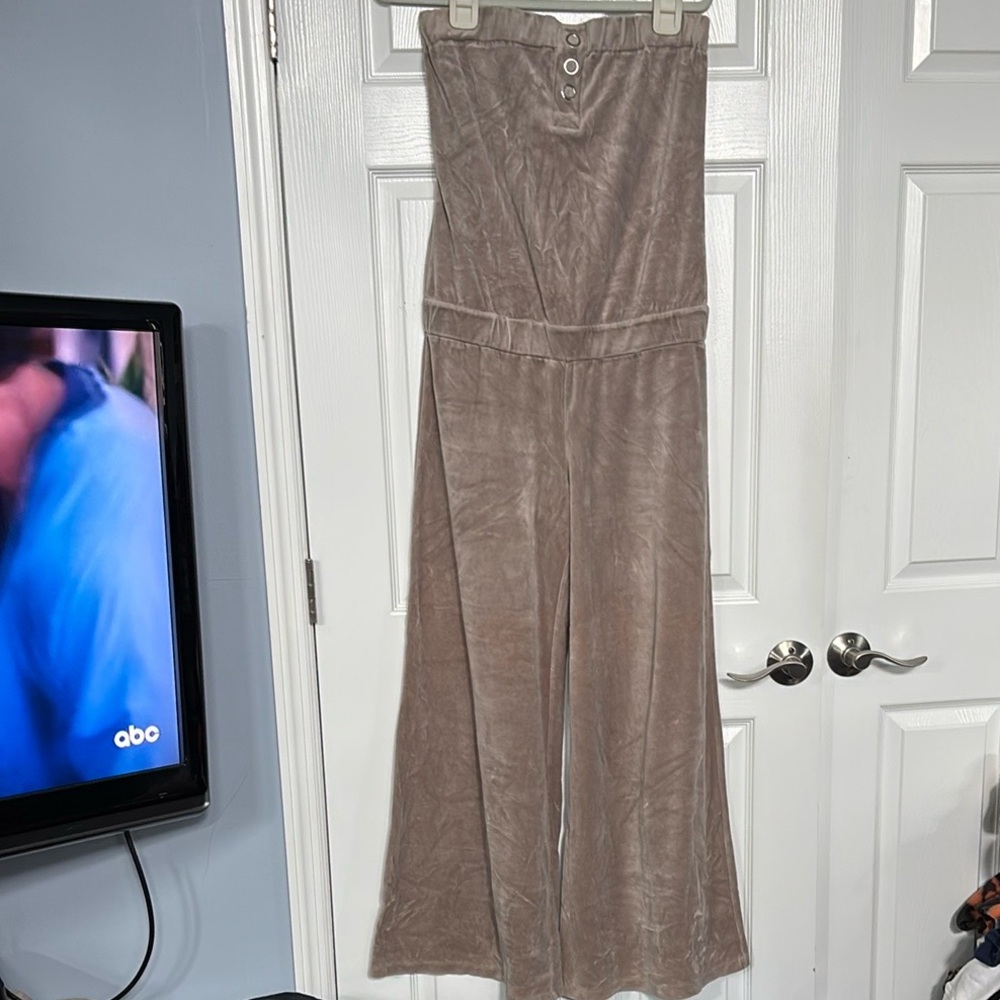 Velour strapless Stylish grey Jumpsuit size large wide legs